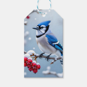 En Söt Blue Jay på en Snowy Gren-jul Presentetikett