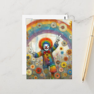 En söt clown i en regnbågsäng vykort