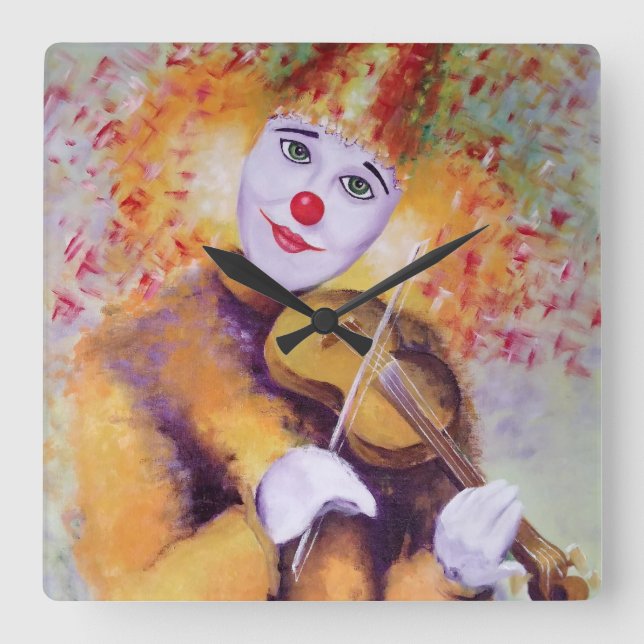 En söt clown som spelar fiolin fyrkantig klocka (Framsida)