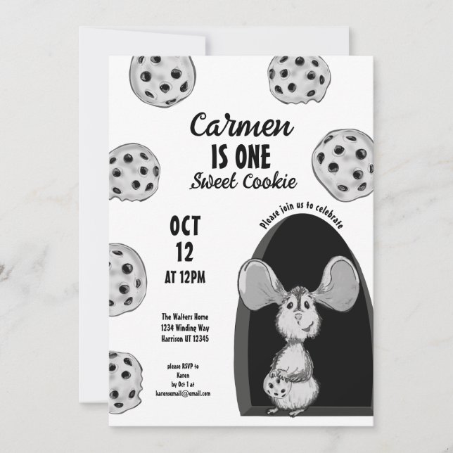 En söt Cookie Mus Första födelsedag Inbjudningar (Framsida)