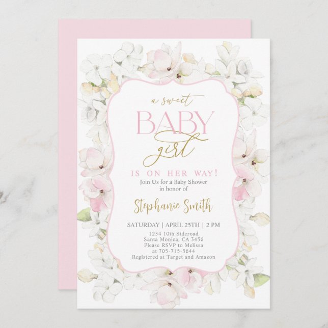 En söt Flicka Hydrangea Baby Shower-inbjudan Inbjudningar (Fram/baksida)