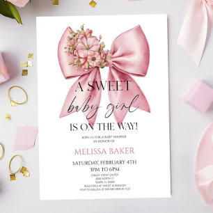 En söt Flicka Rosa Blommigt Bow Baby Shower Inbjudningar