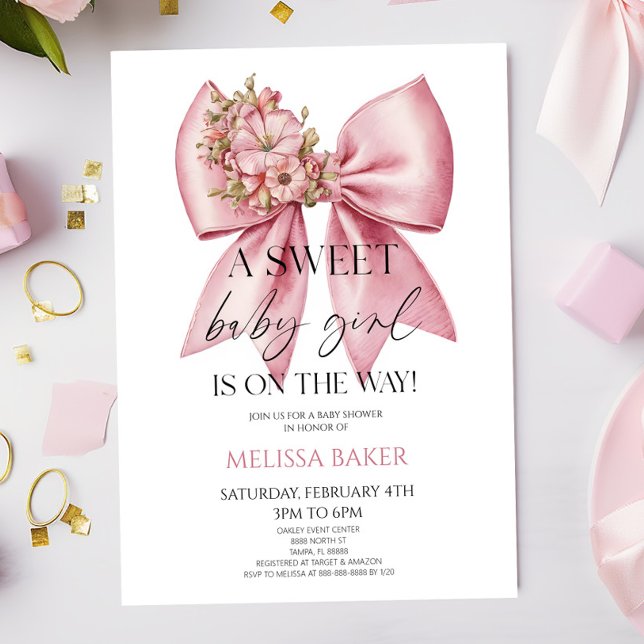 En söt Flicka Rosa Blommigt Bow Baby Shower Inbjudningar (Skapare uppladdad)