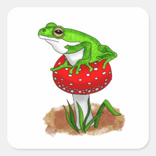 En söt Hand plockade Frog på ett Whimsical Mushroo Fyrkantigt Klistermärke