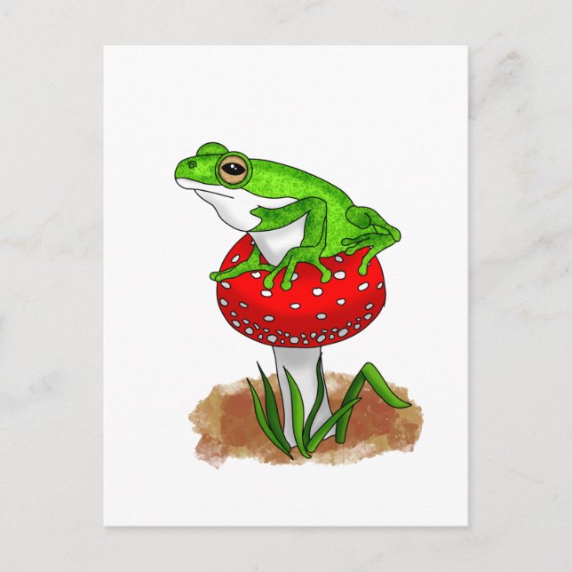 En söt Hand plockade Frog på ett Whimsical Mushroo Vykort (Framsida)