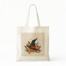 En söt häxhatt med pumpor och löv