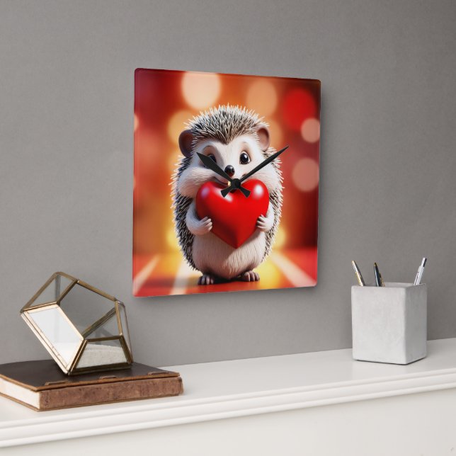 En söt hedgehog som håller ett hjärta fyrkantig klocka (Kontor)