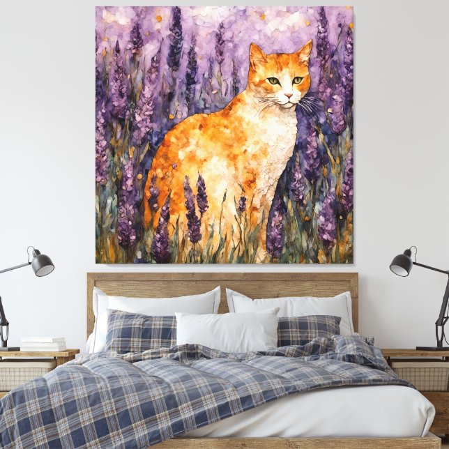 En söt ingerkatt i lavender fält canvastryck (Insitu (sovrum))