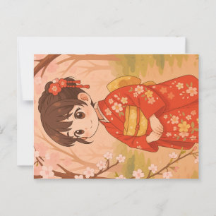 En söt japansk flicka i en körsbärsträdgård P Vykort