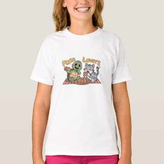 En söt katt och sköldpadda gillar att äta pizza t shirt