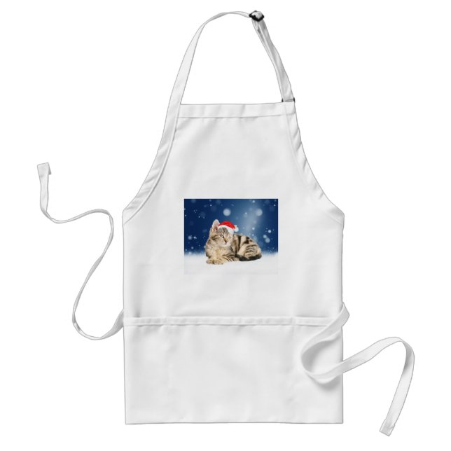 En söt katt som bär röd tomteluva jul snö förkläde (Framsidan)