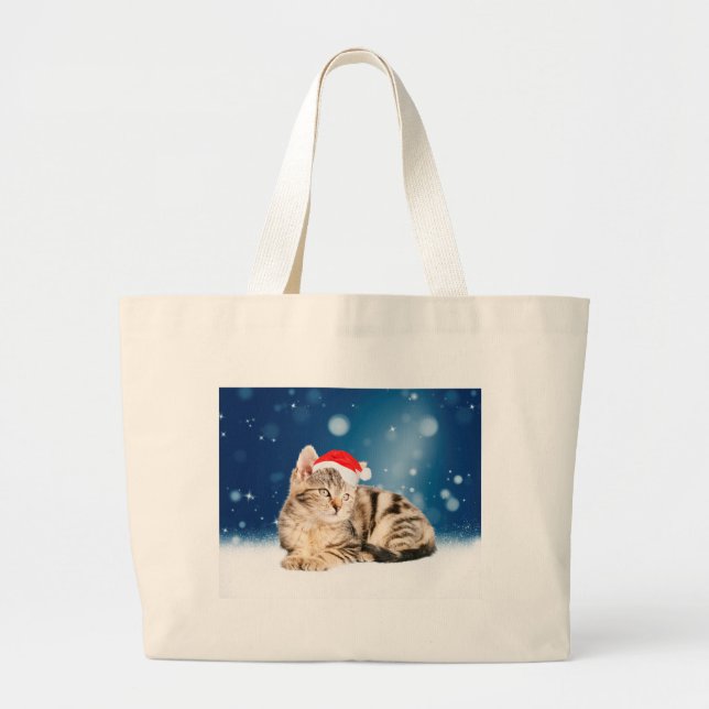 En söt katt som bär röd tomteluva jul snö jumbo tygkasse (Framsidan)