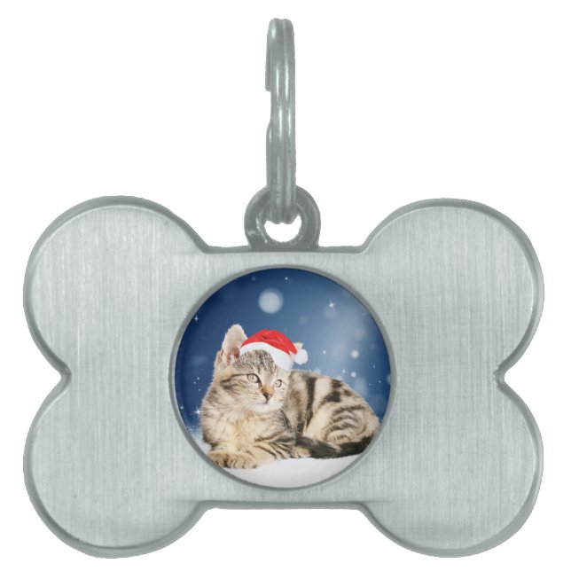 En söt katt som bär röd tomteluva jul snö namnbricka husdjur (Framsidan)