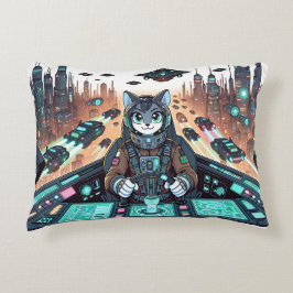 En söt katt som pilot navigerar futuristiska prydnadskudde