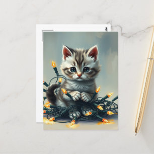En söt Kitten Wrapped i julafton Ljus Vykort