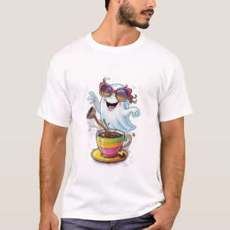En söt, klumpig spöke som spiller kaffe eller bär  t shirt