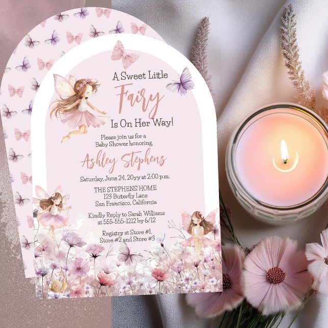 En söt, liten älvblomma, flicka Shower Inbjudningar (Enchanting "A Sweet Little Fairy Is On Her Way!" Girl Baby Shower Arched Invitation)