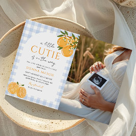 En söt liten apelsin citrus baby shower-fotografi inbjudningar