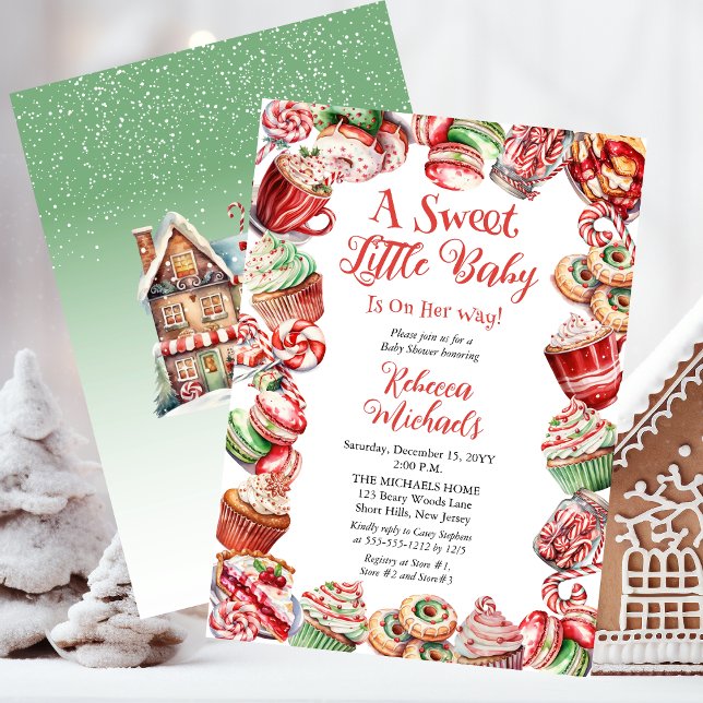 En söt liten Baby-godis i Ram-babyskor Inbjudningar ("A Sweet Little Baby Is On Her Way" Christmas Holiday Candy Frame Girl Baby Shower Invitation)