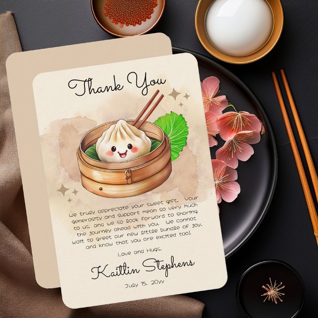 En söt liten dubbare Kwai Theme Baby Shower Tack Kort (Kwai Steamed Dumpling Baby Shower "Thank You" - Sweet Little Dumpling Collection)