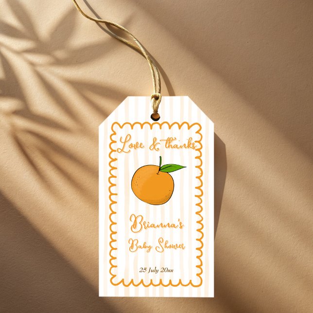 En söt liten infallig citrus baby shower present presentetikett (A little cutie whimsical handrawn sketch wavy border citrus baby shower  personalized favor tags)