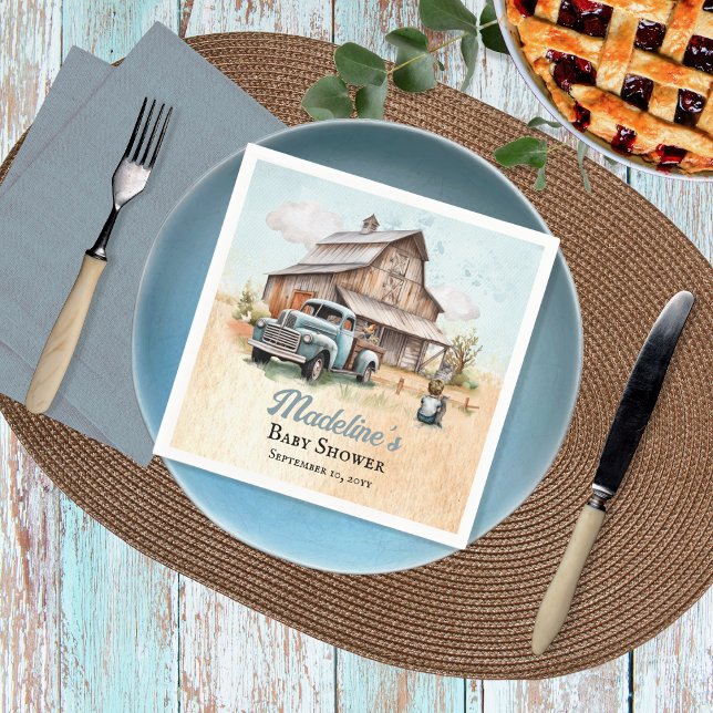 En söt liten lantbrukare, babystövel pappersservett ("A Cute Little Farm Boy Is On His Way!" Rustic Barn and Vintage Truck Boy Baby Shower Paper Napkins)