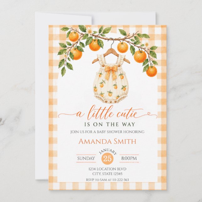 En söt liten orange baby shower inbjudningar (Framsida)