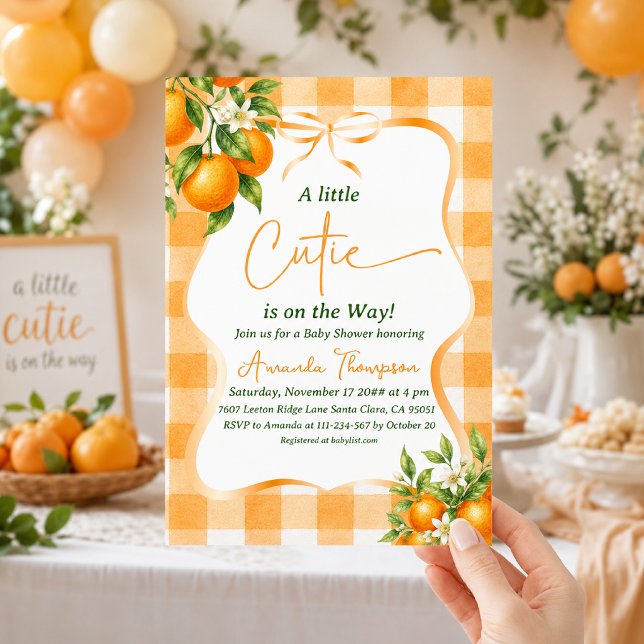 En söt liten orange gingham-bebisfest inbjudningar (Skapare uppladdad)