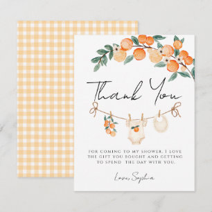 En söt liten orange rutig citrus baby shower tack kort
