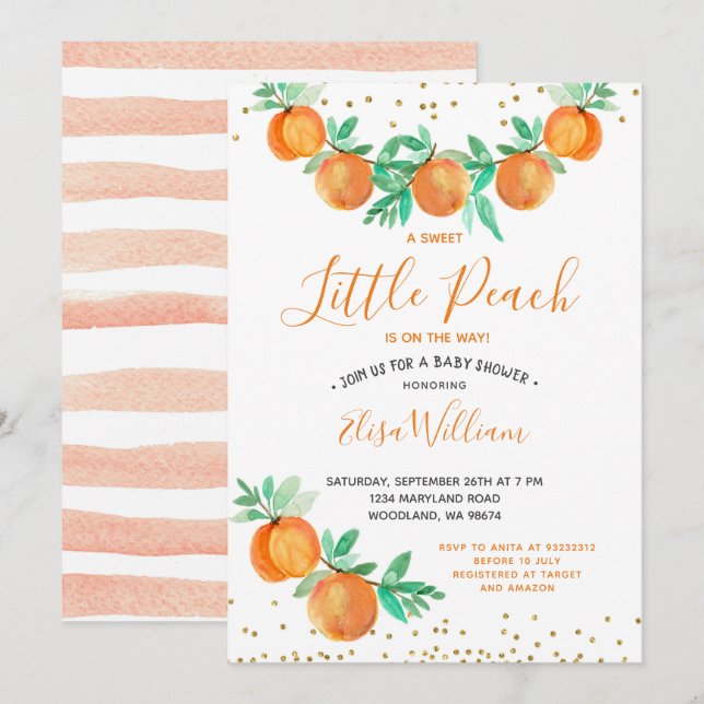 En söt liten persika är på väg att bli babyskare inbjudningar (Fram/baksida)