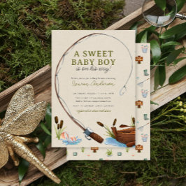 En söt liten pojke fiskare akvarell baby shower inbjudningar