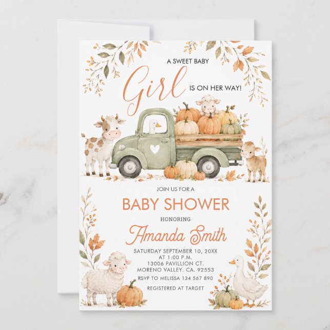En söt liten Pumpas Djur Höst Bebis shower Inbjudningar (Framsida)