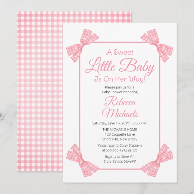 En söt liten Rosa i Baby Bows Girl Baby Shower Inbjudningar (Fram/baksida)