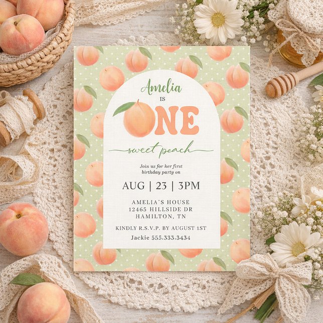 En Söt Päron Ettårs Födelsedagsfest Inbjudningar (One Sweet Peach First Birthday Party Invitation)