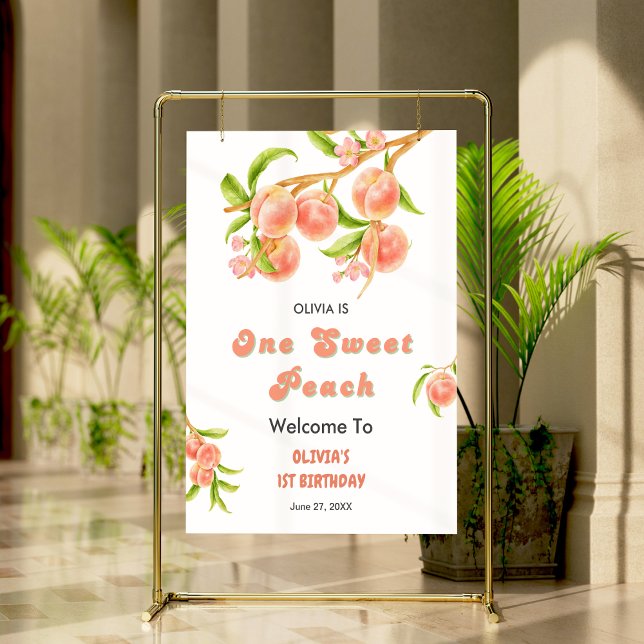 En söt persiko-flicka 1:a födelsedag Välkomna Poster (One Sweet Peach Fruit Girl 1st Birthday Welcome Sign )