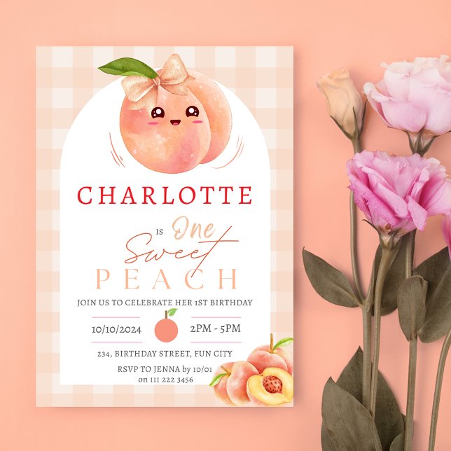 En söt persikoflicka 1:a födelsedag inbjudningar (One Sweet Peach 1st First Birthday Invitation)