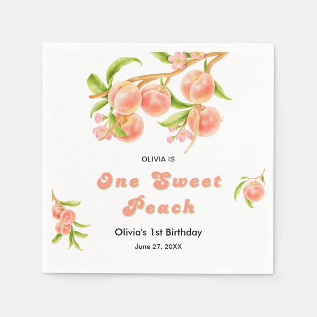 En söt persikofrukt 1:a födelsedag pappersservett (Framsidan)