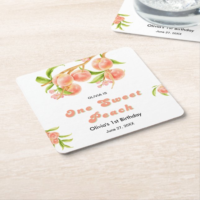 En söt persikofrukt 1:a födelsedag underlägg papper kvadrat (Vinklad)