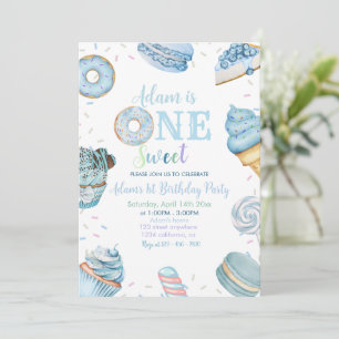 En söt pojke Donut Blue Dessert 1:a födelsedagen Inbjudningar