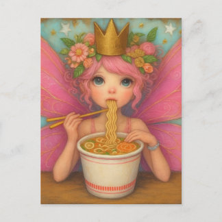 En söt rosa älva som äter Ramen Vykort