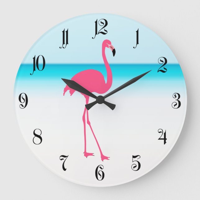 En söt rosa flamingo på stranden stor klocka (Framsida)