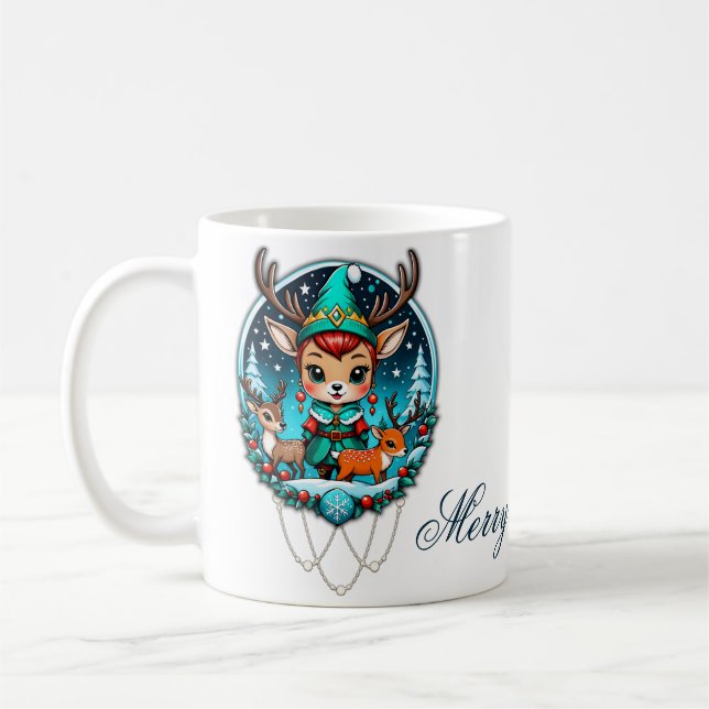 En söt seriefigur i stil med en ren-älva  kaffemugg (Vänster)