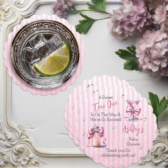 En söt Tini One Rosa Coquette Girl Baby Shower Underlägg Papper ("A Sweet Tini One" Coquette Bows Martini | Bottle Girl Baby Shower Paper Coaster)