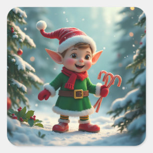 En söt tomte med sockerdill fyrkantigt klistermärke