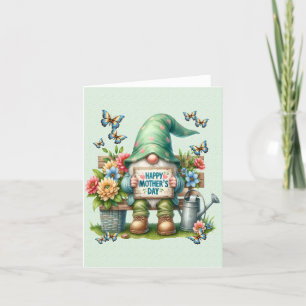 En söt tomte på en bänk som önskar glad mors dag helgkort