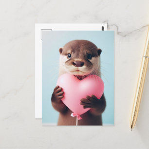 En söt Valentine Otter Rosa Heart Balloon Vykort