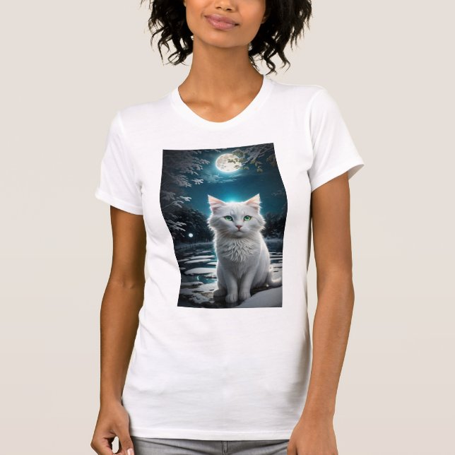 En söt vit katt, grönt ögon t shirt (Framsida)
