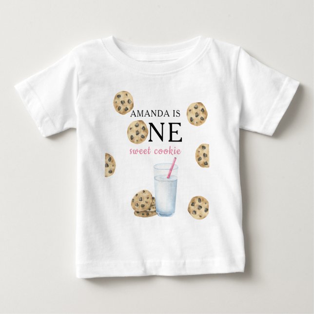 En sötad Cookies & Mjölk Girl First Birthday T Shirt (Framsida)