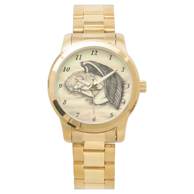 En sovande ängel på himlens moln guld armbandsur (Framsida)