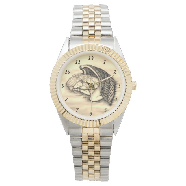 En sovande ängel på himlens moln guld armbandsur (Framsida)